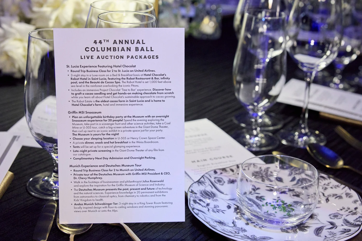 Live auction packages card at a Columbian Ball place setting
