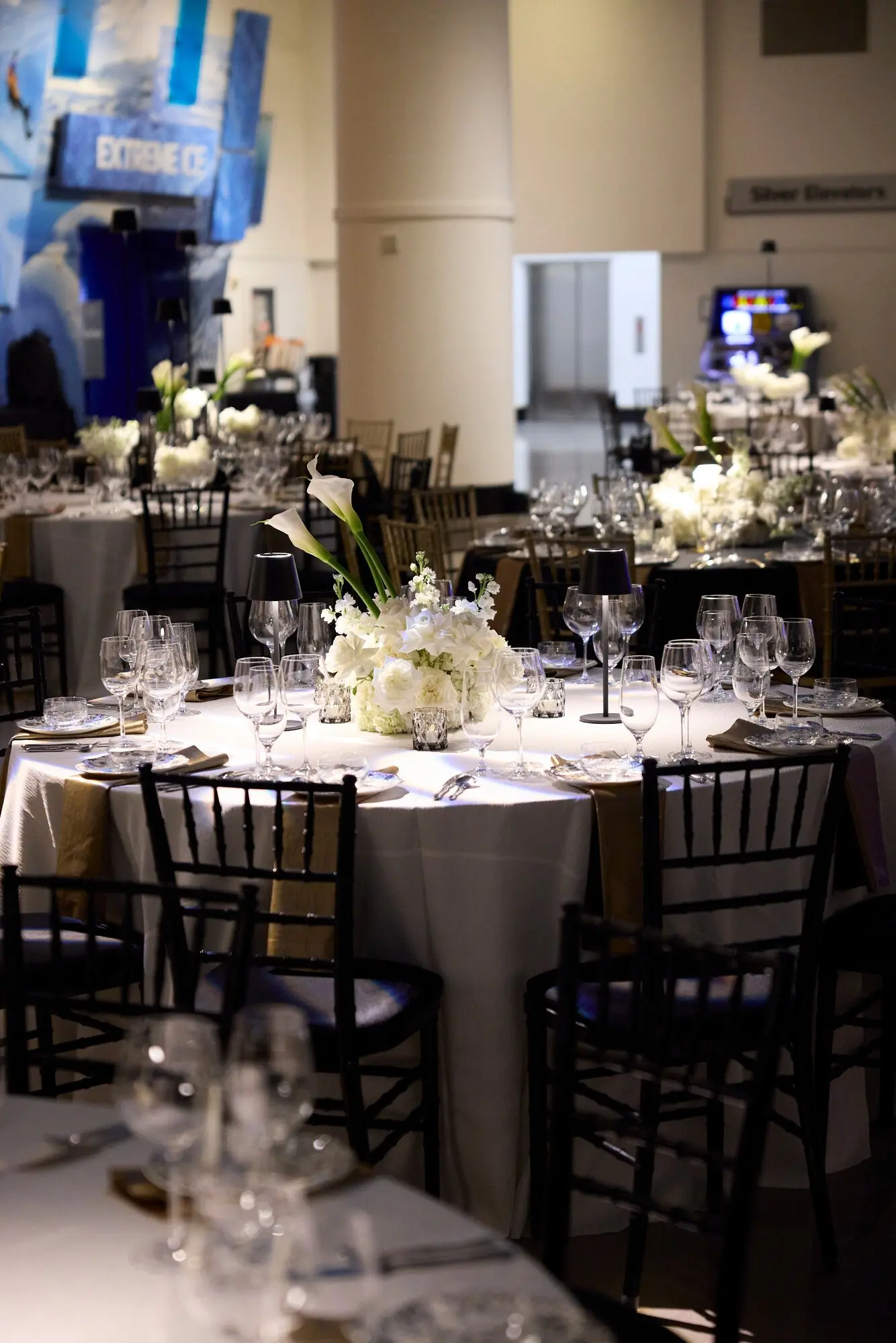 White calla lily centerpiece on a black-tie Columbian Ball table