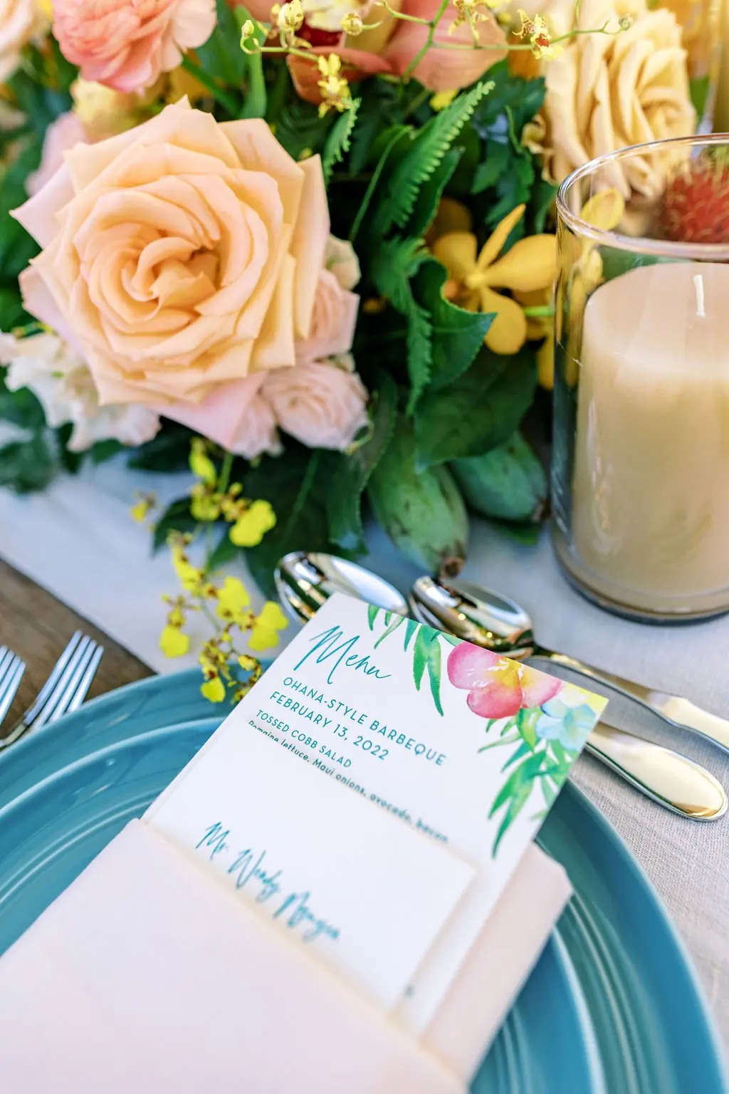 Ohana-style barbeque menu place setting with tropical florals