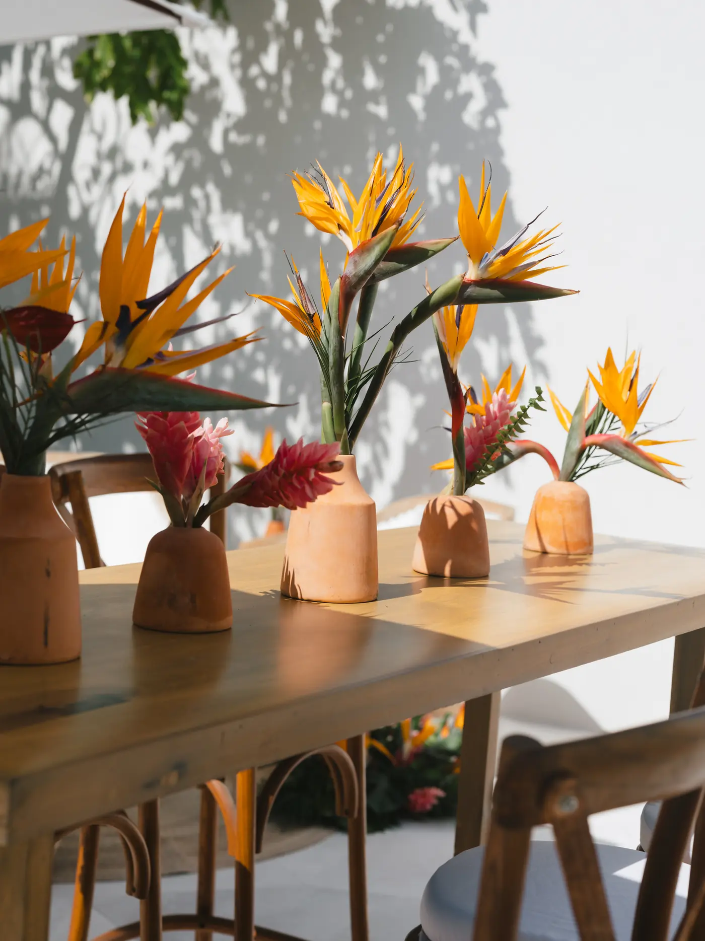 Birds of paradise arranged in terracotta vessels along a welcome-dinner table at a destination wedding planned by Michigan Avenue Events