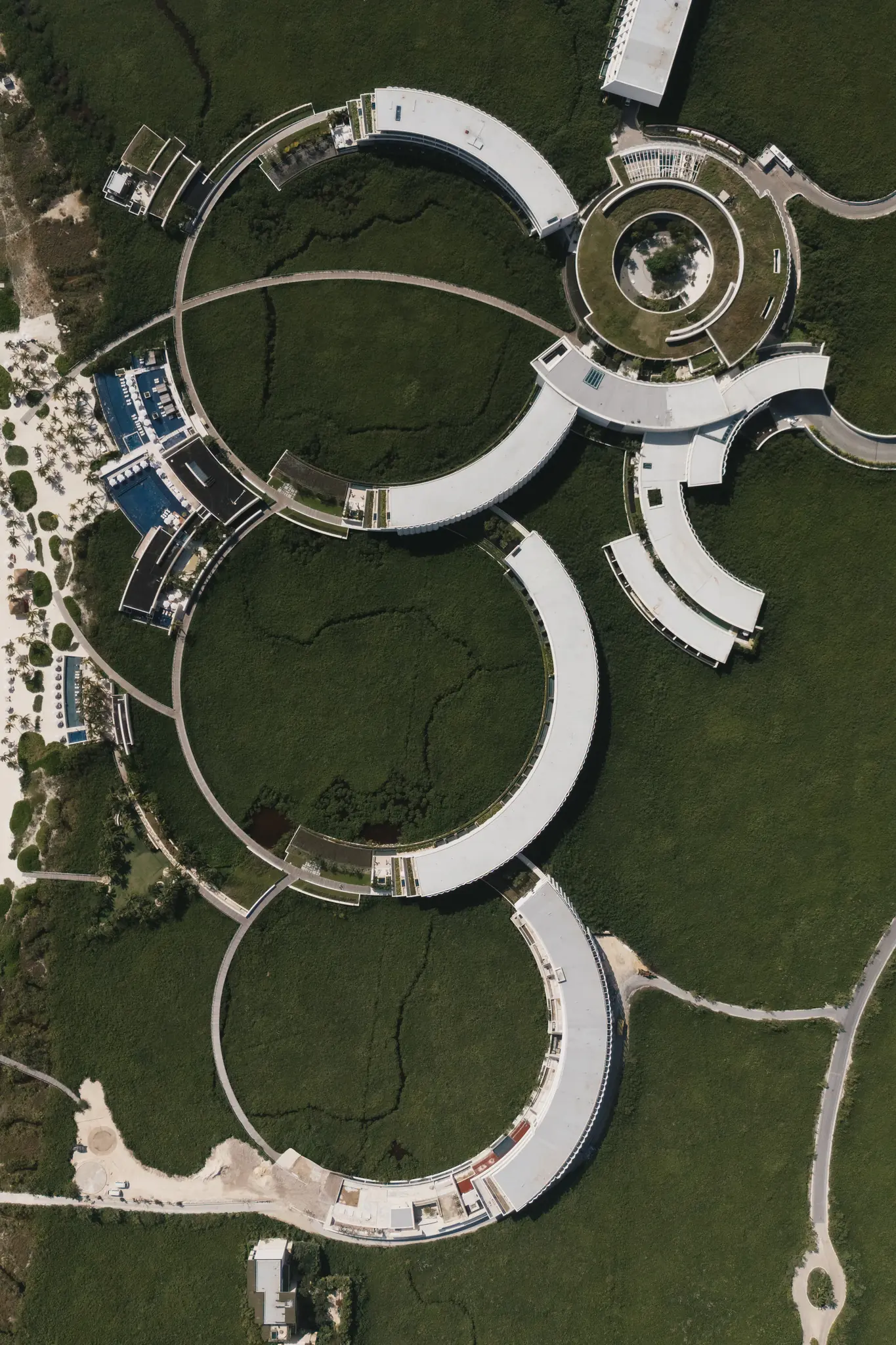 Aerial view of a resort's circular architecture set for a destination wedding planned by Michigan Avenue Events