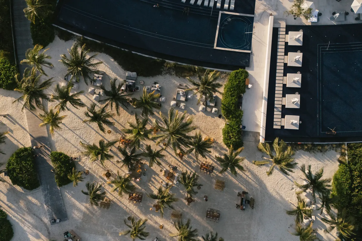 Aerial view of a palm-shaded resort pool deck set for a destination wedding planned by Michigan Avenue Events