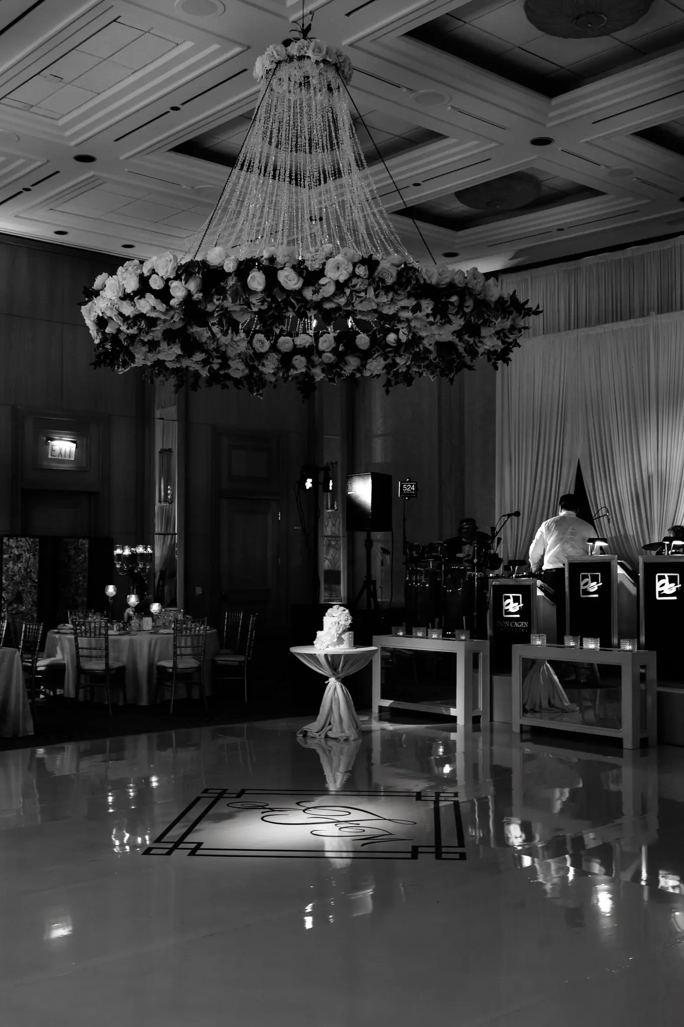 Black-and-white view of Alexis and Michael's Peninsula ballroom