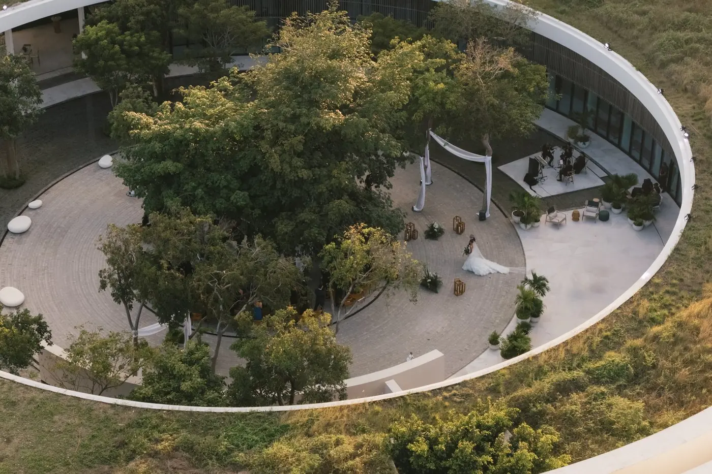 Aerial view of Brooke and Jacob's courtyard ceremony at St. Regis Kanai