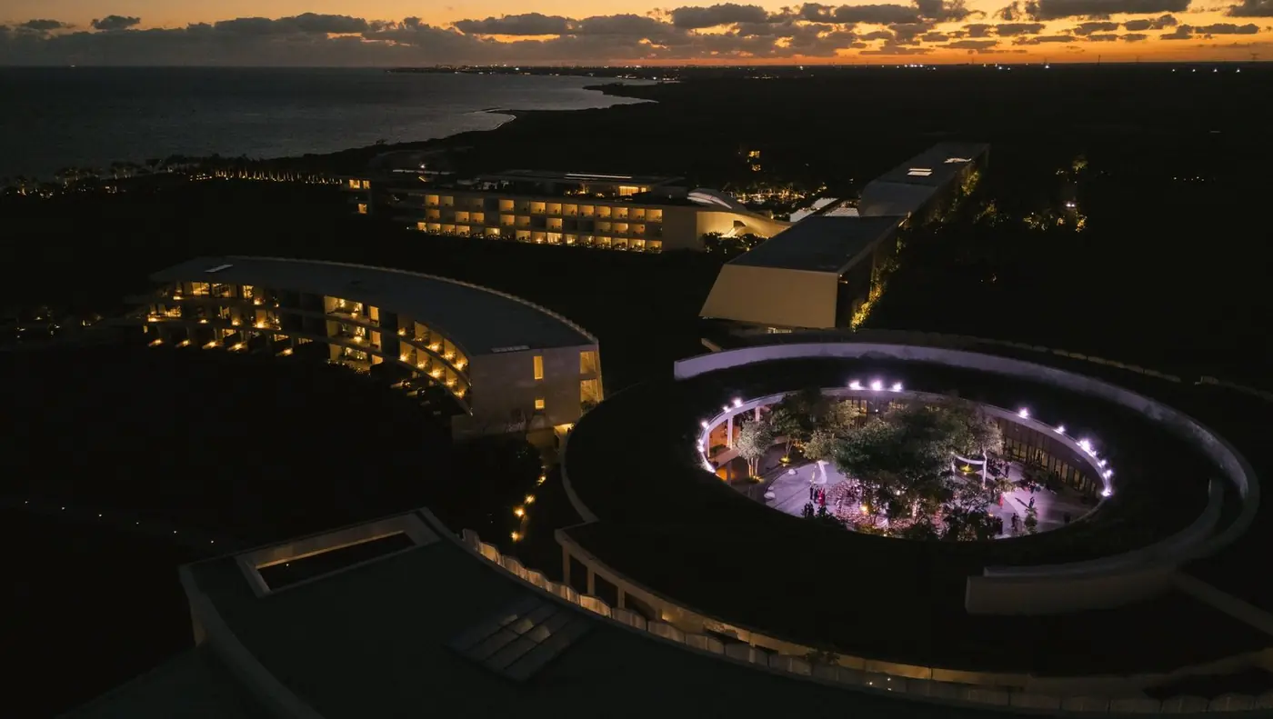 Night aerial of St. Regis Kanai during Brooke and Jacob's wedding reception
