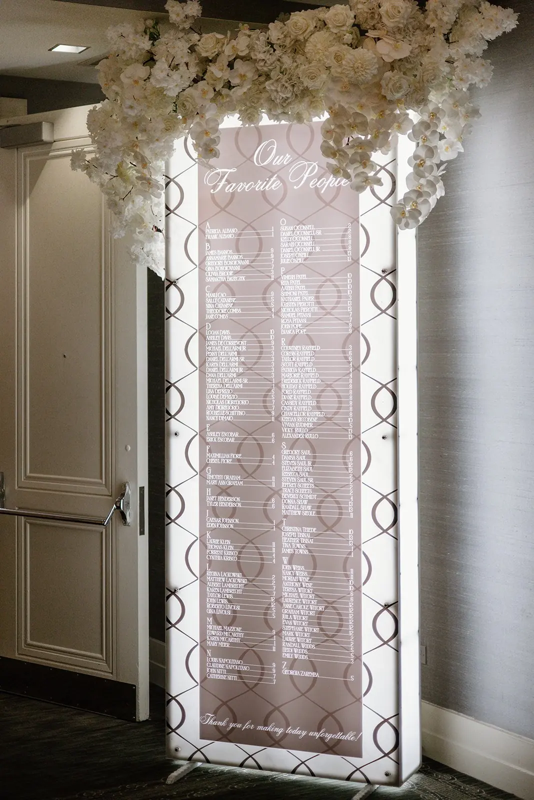 Illuminated seating chart at Gianna and Austin's Waldorf Astoria wedding