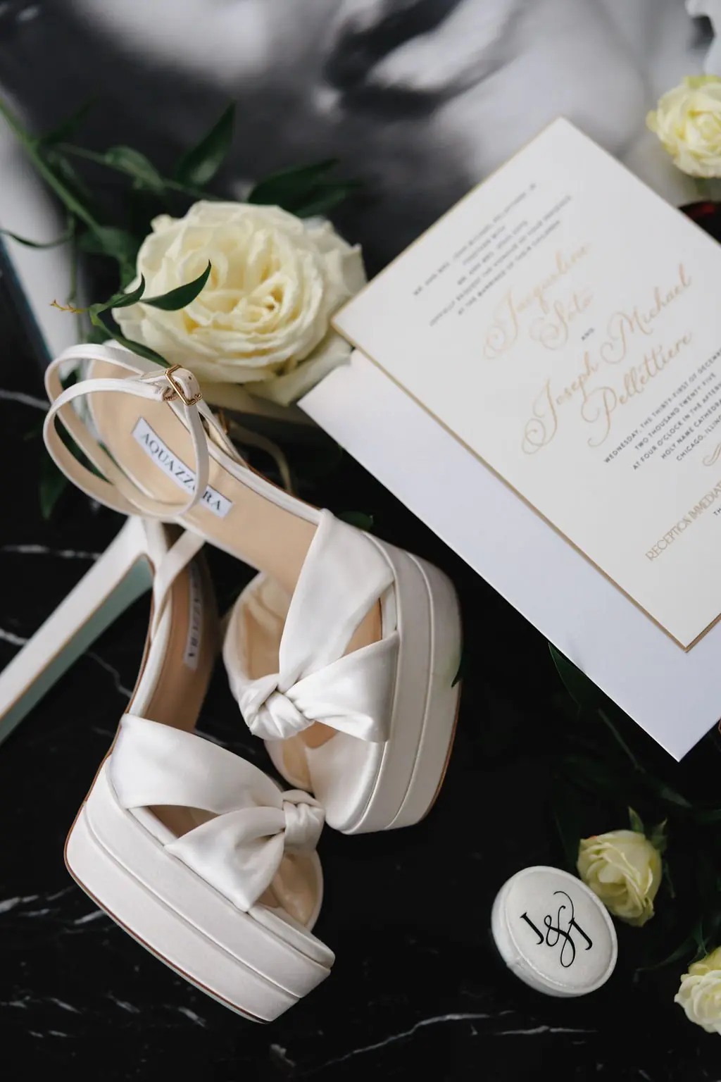 Invitation and Aquazzura shoes for Jacqueline Soto and Joseph Pellettiere
