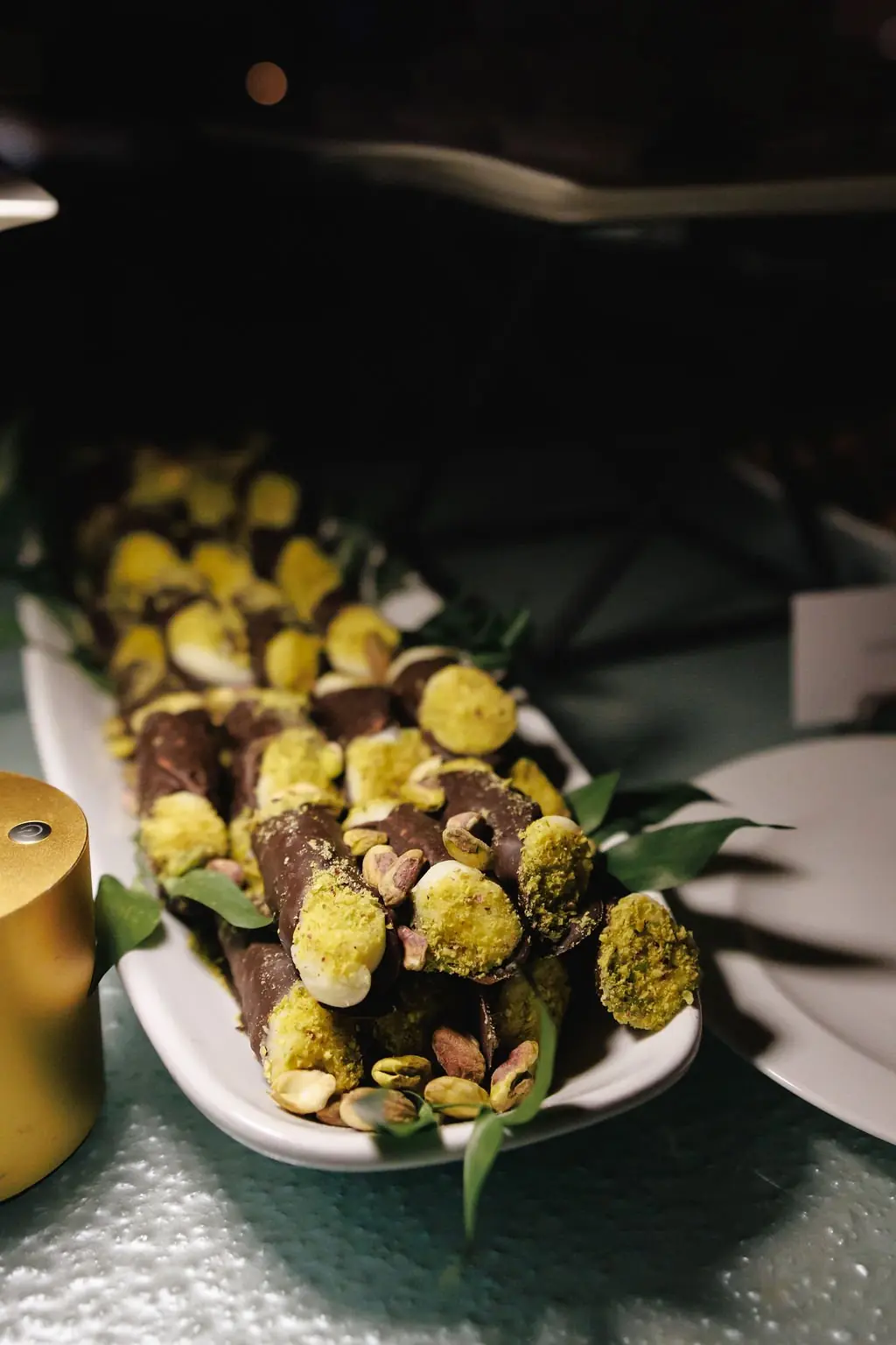 Chocolate cannoli dessert display at Jackie and Joe's wedding