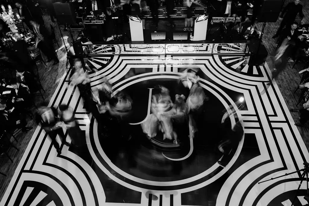 Overhead view of the geometric dance floor at Jackie and Joe's Ritz-Carlton Chicago reception