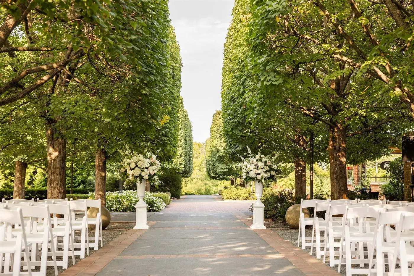 Tree-lined ceremony aisle at the Chicago Botanic Garden for Megan and Alex