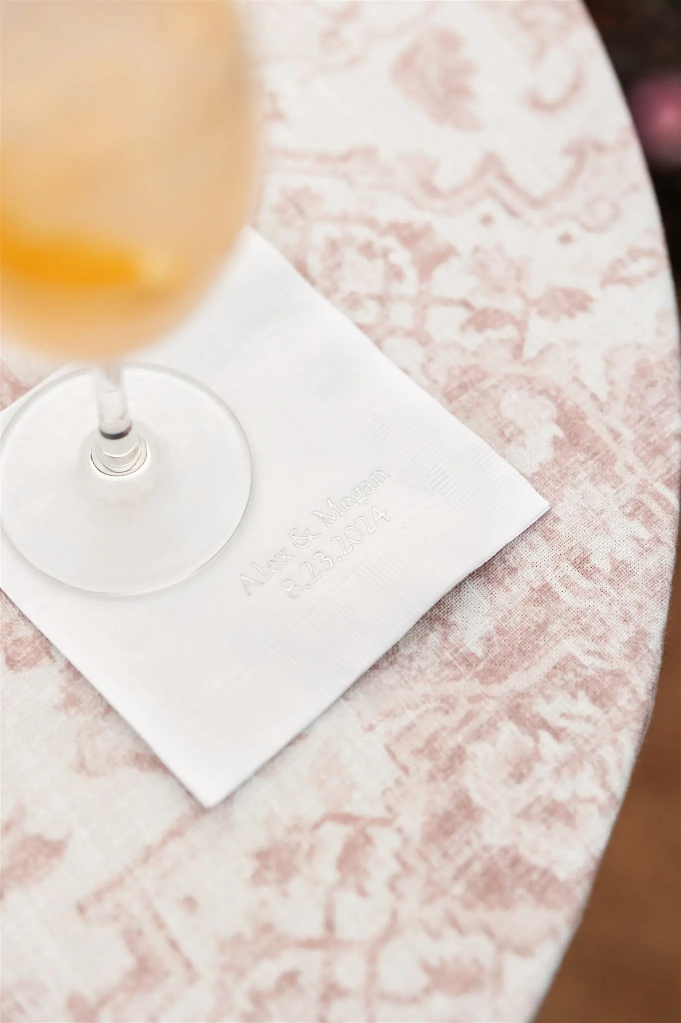 Custom Alex and Megan cocktail napkin at their Botanic Garden celebration